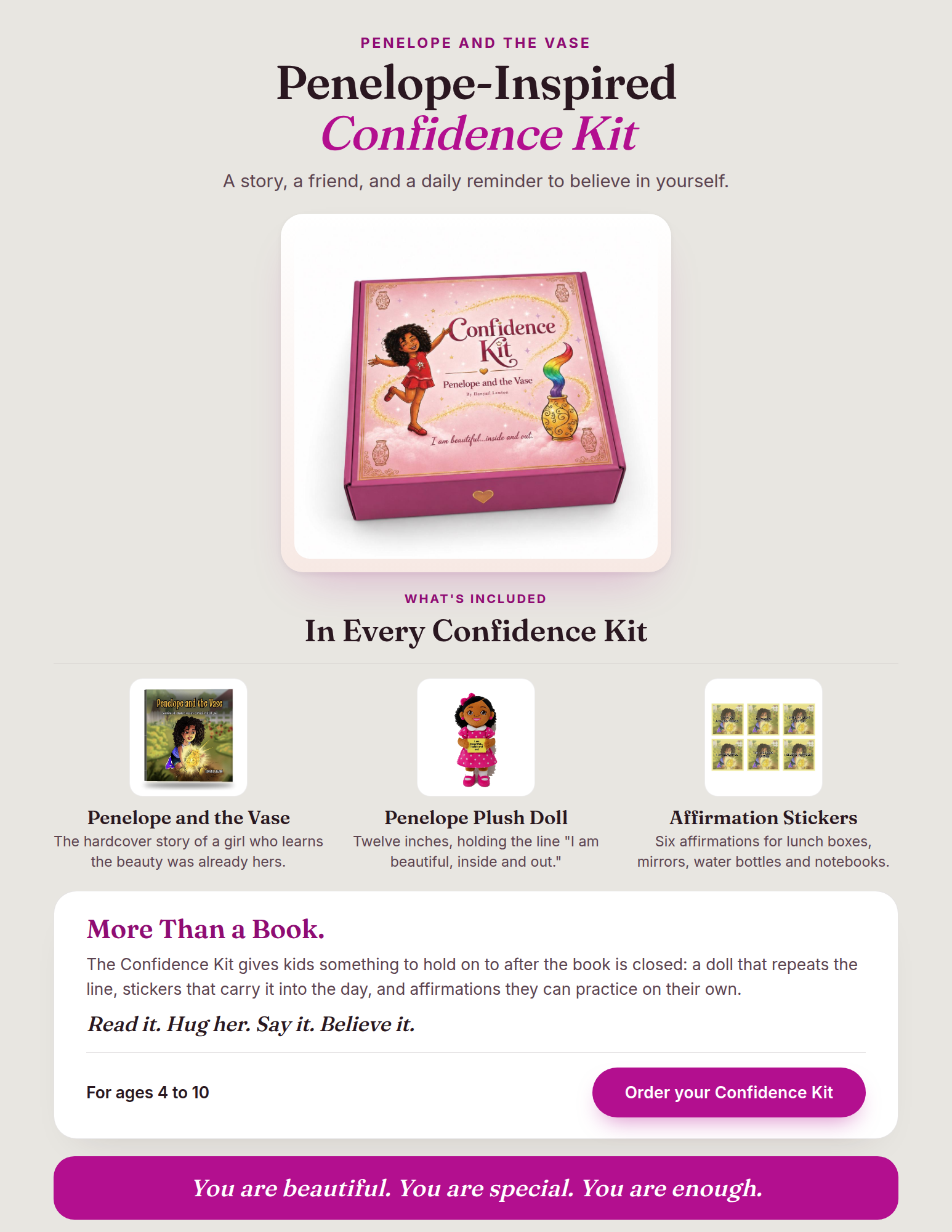 Penelope-Inspired Confidence Kit: the hardcover book, the Penelope plush doll and affirmation stickers