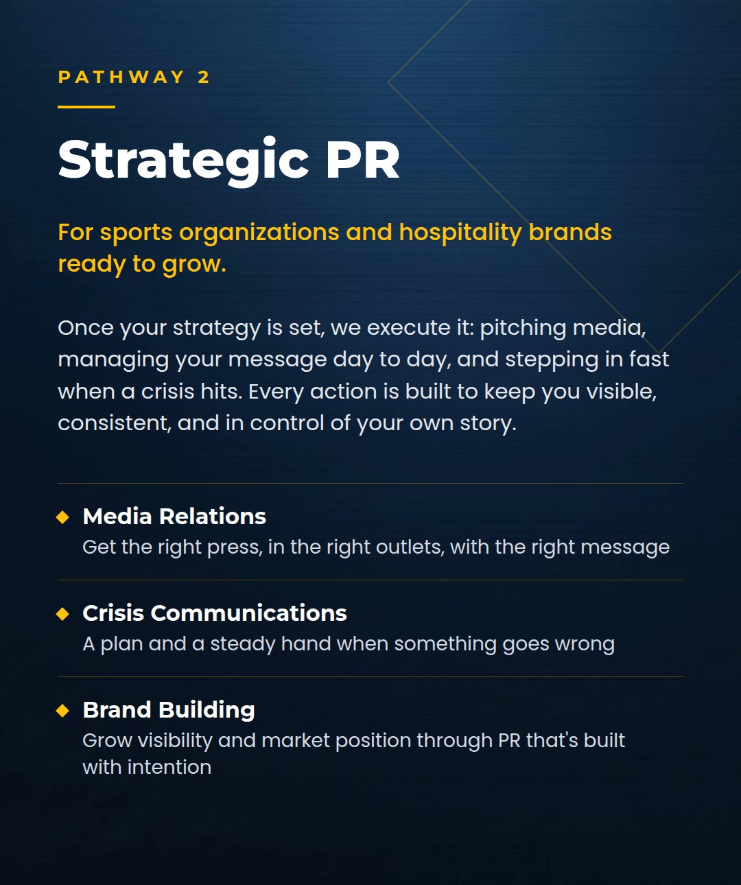 Strategic PR: for sports organizations and hospitality brands ready to grow. Media relations, crisis communications, brand building.